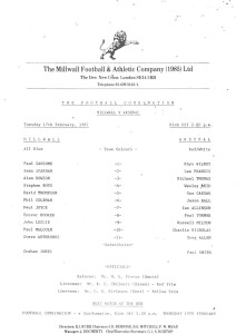 PROGRAMME / TEAMSHEET - MILLWALL v ARSENAL RESERVES - 17 FEBRUARY 1987 for sale on Ebay
