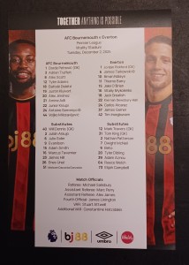 AFC BOURNEMOUTH v  EVERTON TEAM SHEET 2ND DECEMBER 2025 for sale on Ebay