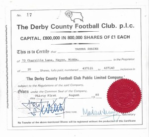 1985 Ordinary Share Certificate - THE DERBY COUNTY FOOTBALL CLUB, p.l.c. for sale on Ebay