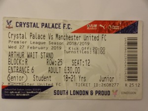 2018/19 Premier League Crystal Palace v Manchester United Ticket Stub for sale on Ebay