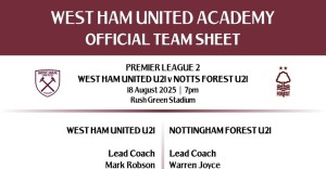 West Ham Utd u21s V Nottingham Forest u21s Official Colour Team Sheet 18/8/25 for sale on Ebay