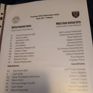 Milton Keynes Dons V West Ham U u21s Official Colour Teamsheet 16/9/25 Version 2 for sale on Ebay