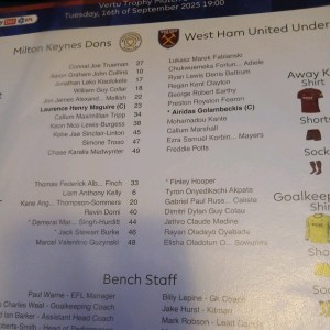 Milton Keynes Dons V West Ham U u21s Official Colour Teamsheet 16/9/25 Version 1 for sale on Ebay