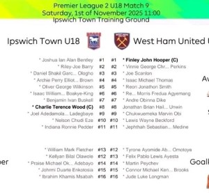 Ipswich Town U18s  v West Ham Utd U18s  single sided colour team sheet  1/11/25  for sale on Ebay