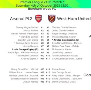 Arsenal u21 V West Ham United u21  Official  Single Sided Team sheet 3/10/ 25 for sale on Ebay