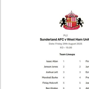 Sunderland u21 V West Ham United u21  Official  Single Sided Team sheet 29/8/25 for sale on Ebay
