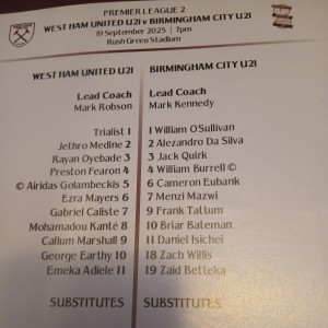 West Ham u21s v Birmingham city u21s Official  Team Sheet 19/9/25 Version 2 for sale on Ebay