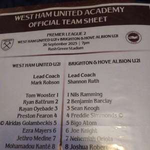  West Ham U21s V Brighton U21 Officia Colour  Team Sheet   for sale on Ebay
