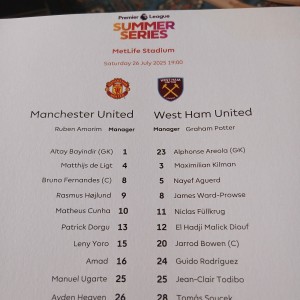 Manchester United   v West Ham OFFICIAL  Colour SingleSided Team Sheet  26/7/25 for sale on Ebay