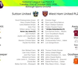 Sutton United V West Ham Utd  u21s Official Colour Teamsheet  21/10/25 for sale on Ebay