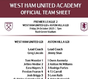  West Ham Utd u21s v Aston Villa u21s Official  Colour Team Sheet  24/10/25  for sale on Ebay