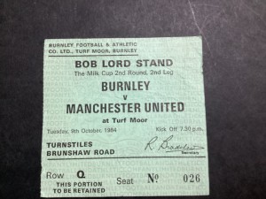 TICKET STUB- Burnley V MANCHESTER UNITED- Milk Cup 9th October 1984 for sale on Ebay