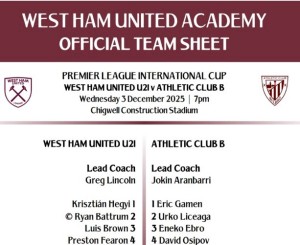 West Ham U21s V Athletic Club B u21s  Official Int Cup Colour Teamsheet 3/12/25 for sale on Ebay