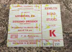 1973 EUFA European Cup Quarter Final. Liverpool v Dynamo Dresden.  Ticket Stub. for sale on Ebay