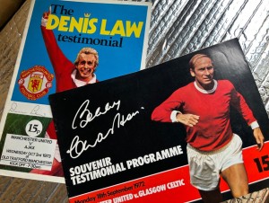 Bobby Charlton + Denis Law: 2 x Manchester United Testimonial Programmes for sale on Ebay