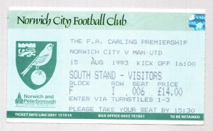 Norwich City v Manchester United 1993-1994 Premier League Ticket 15/08/1993 for sale on Ebay