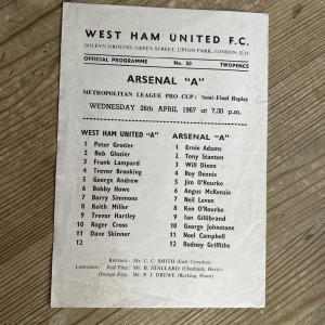 West Ham United V Arsenal - Metropolitan League Pro Cup Semi Final Replay 1967 for sale on Ebay