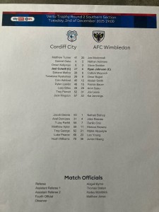 Cardiff City v AFC Wimbledon team sheet 02/12/2025 EFL Vertu Trophy for sale on Ebay