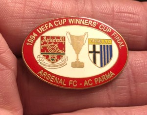 RARE ARSENAL v AC PARMA UEFA CUP WINNERS CUP FINAL 1994 MATCH ENAMEL PIN BADGE for sale on Ebay