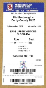 MIDDLESBROUGH v DERBY COUNTY  29.11.25 CHAMPIONSHIP USED TICKET STUB for sale on Ebay