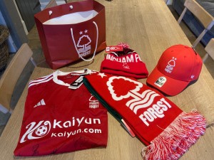 Nottingham Forest football shirt (signed by team) bobble hat, scalf and cap. for sale on Ebay