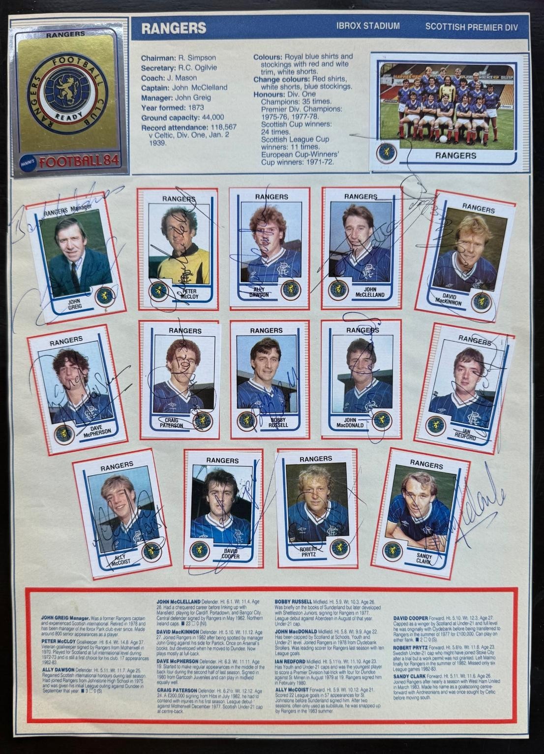 RANGERS signed 1984 Panini Sticker Team set DAVIE COOPER ALLY McCOIST JOHN GREIG for sale on Ebay