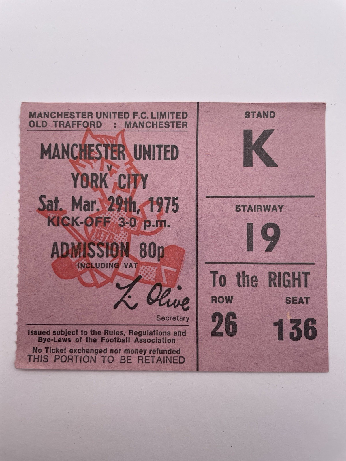 Rare March 29th 1975 Manchester United v York City Red Devil Match Ticket VGC. for sale on Ebay