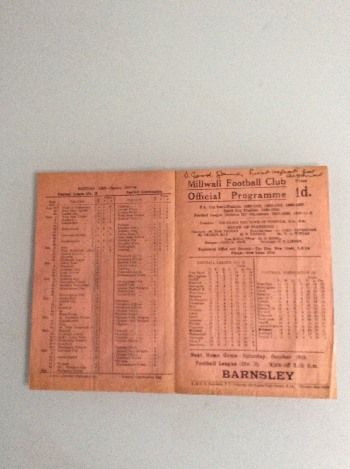 MILLWALL V ARSENAL 18.10.1947 LONDON CHALLENGE CUP GAME for sale on Ebay