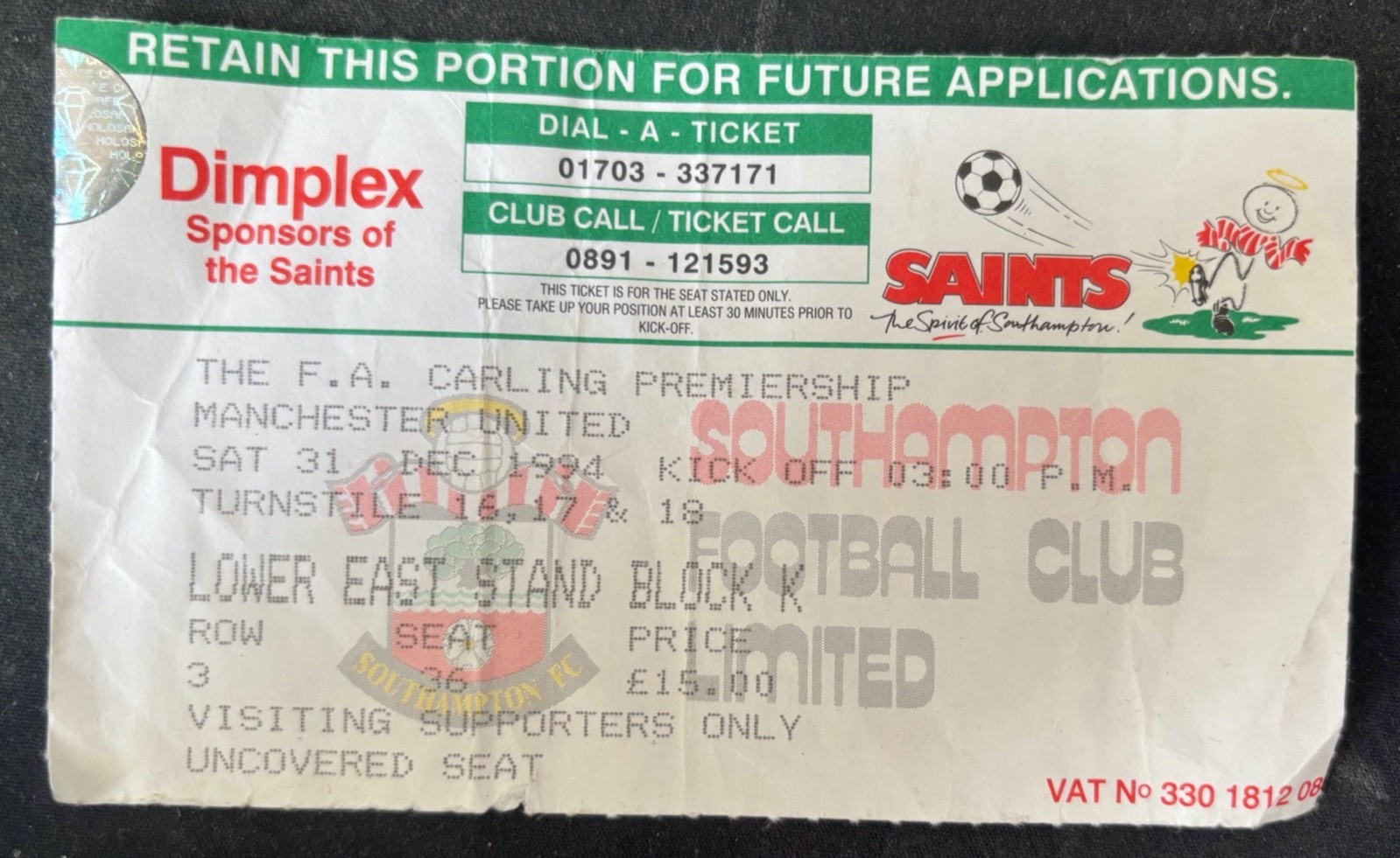 Southampton v Manchester United ticket stub Premier League 31st December 1994 for sale on Ebay
