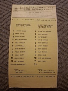 Burnley Reserves v Nottingham Forest Res programme.  10/8/1968 for sale on Ebay