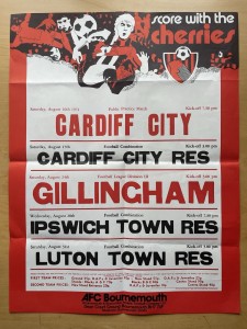 Aug 74 AFC Bournemouth Match Poster Cardiff City Gillingham Ipswich Luton Town. for sale on Ebay