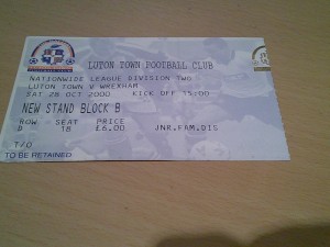 luton town v wrexham match day ticket 2000/01 season for sale on Ebay