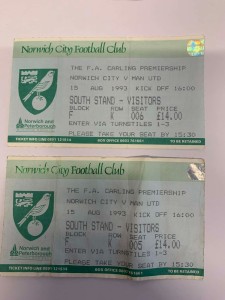 1993/94 - Norwich City v Manchester United - 15/08/1993 - 2 Tickets Together for sale on Ebay