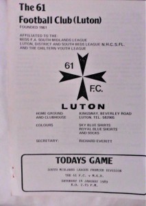 THE 61 FC (LUTON) V M.K.B. 14/1/1989 SOUTH MIDLANDS LEAGUE - PREMIER DIVISION for sale on Ebay