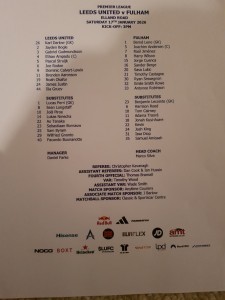 Leeds United v Fulham official Teamsheet for sale on Ebay
