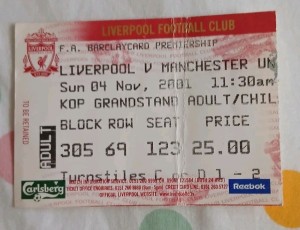 Liverpool v Manchester United 4th November 2001 Ticket for sale on Ebay