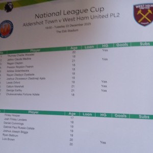 Aldershot Town  West Ham u21 Teamsheet National L Cup WHU line Up ONLY 23/12/25: for sale on Ebay