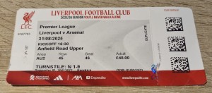 COMPLETE TICKET STUB- LIVERPOOL V ARSENAL- AUGUST 2025 for sale on Ebay