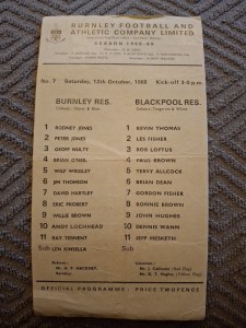 Burnley Reserves v Blackpool Res programme.  12/10/1968 for sale on Ebay