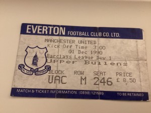 RARE TICKET STUB EVERTON V MANCHESTER UNITED V 1990/91 for sale on Ebay
