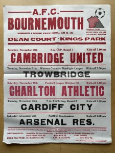 Nov 72 AFC Bournemouth Match Poster Cambridge United Charlton Athletic Arsenal. for sale on Ebay