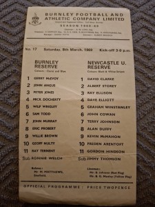Burnley Reserves v Newcastle United Res programme.  8/3/1969 for sale on Ebay