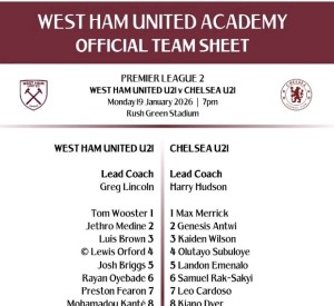 West Ham U21’s v Chelsea u21s Colour Single Sided Team Sheet 19/1/26 for sale on Ebay