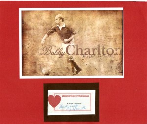 MANCHESTER UNITED - BOBBY CHARLTON - signed charity slip + picture for sale on Ebay