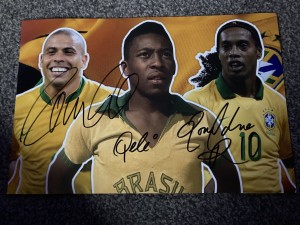 Genuine Hand Signed Brazil picture By Ronaldinho, Pele, Ronaldo Nazario for sale on Ebay