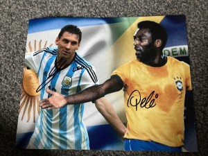 Genuine Hand Signed Football picture By Pele & Lionel Messi for sale on Ebay