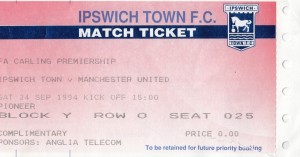 IPSWICH V MANCHESTER UNITED 24/9/1994 PAUL SCHOLES SCORING PL DEBUT  USED TICKET for sale on Ebay