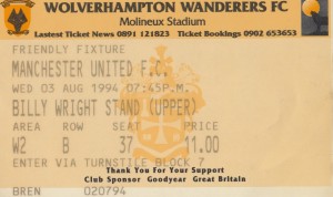 WOLVES V MANCHESTER UNITED 03/08/1994 PRE_SEASON FRIENDLY- USED TICKET for sale on Ebay