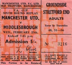 MANCHESTER UNITED V MIDDLESBROUGH 25/2/1970 FA CUP 6TH RND REPLAY - USED TICKET for sale on Ebay