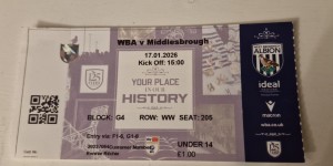 TICKET STUB- WEST BROMWICH ALBION V MIDDLESBROUGH- JANUARY 2026 for sale on Ebay